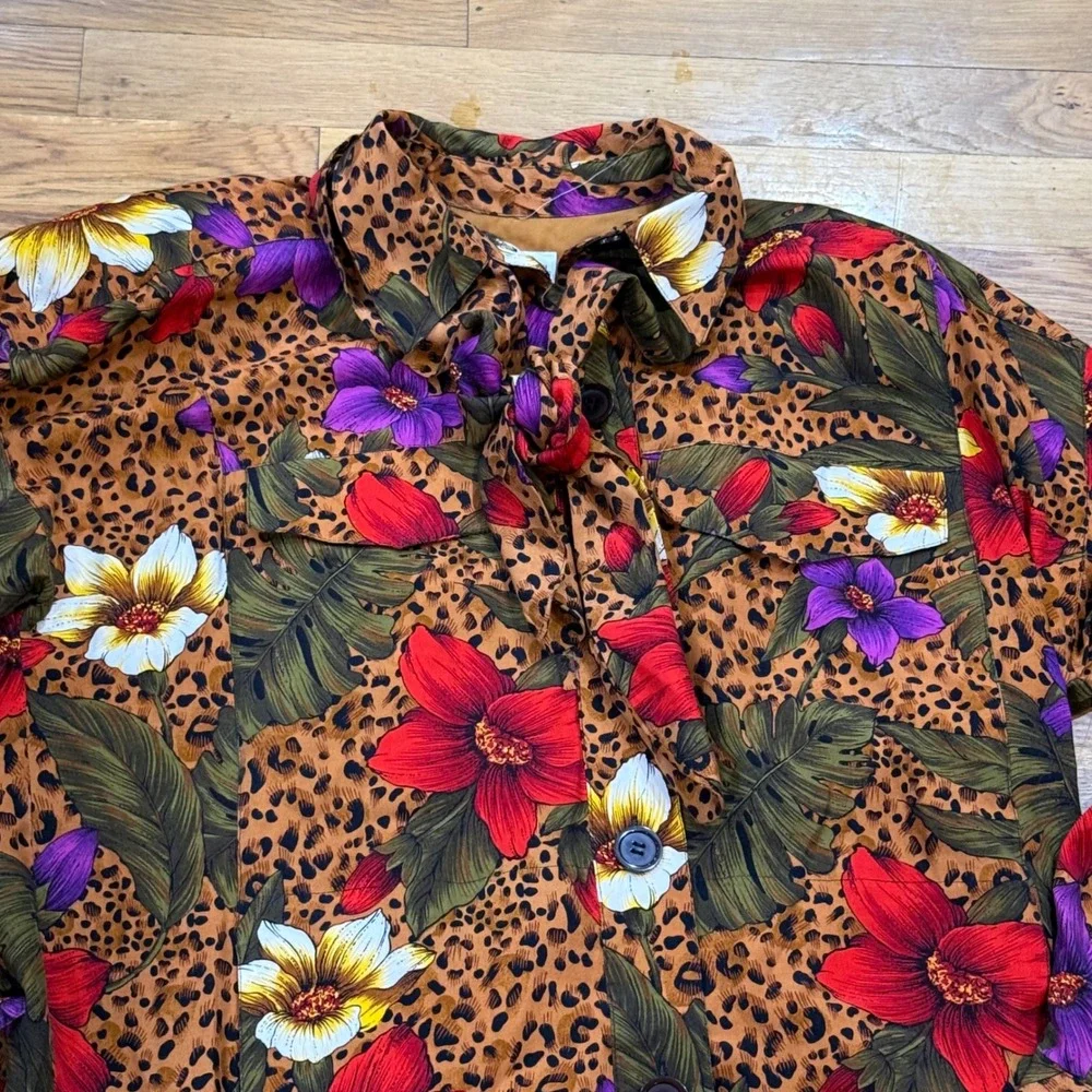 SK & Company Vintage‎ Leopard Floral Rayon Tie Neck Button Up Jacket Womens 10